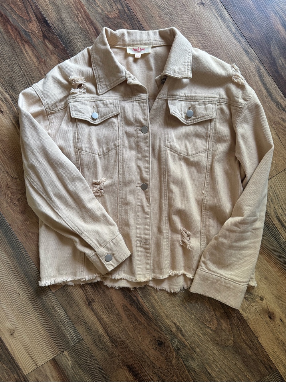 Peach Love California Distressed Cream Denim Jacket